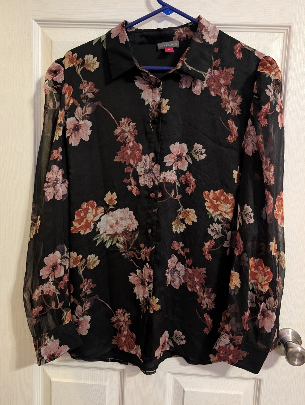 Vince Camuto Floral Button Up Blouse Womens Plus 1X Black Lined Long Sleeve